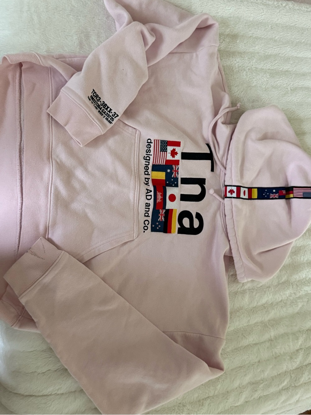 Rare Aritzia TNA light pink graphic cropped hoodie with a flags design size s